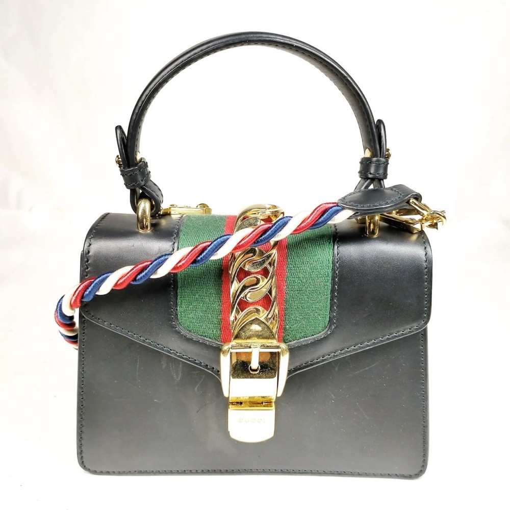 Authentic Gucci Hand Bag Sherry Line Black Leather with crossbody strap - Picture 3 of 17
